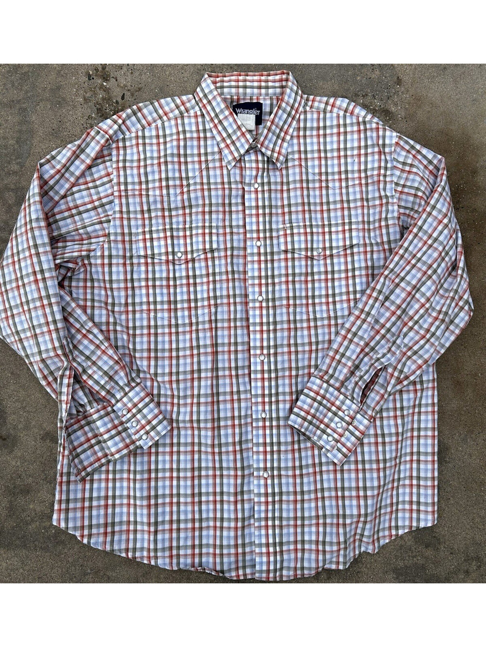 Wrangler Sz XXL Western Cowboy Sun Shirt Red Orange Blue Plaid Pearl Snap Rodeo